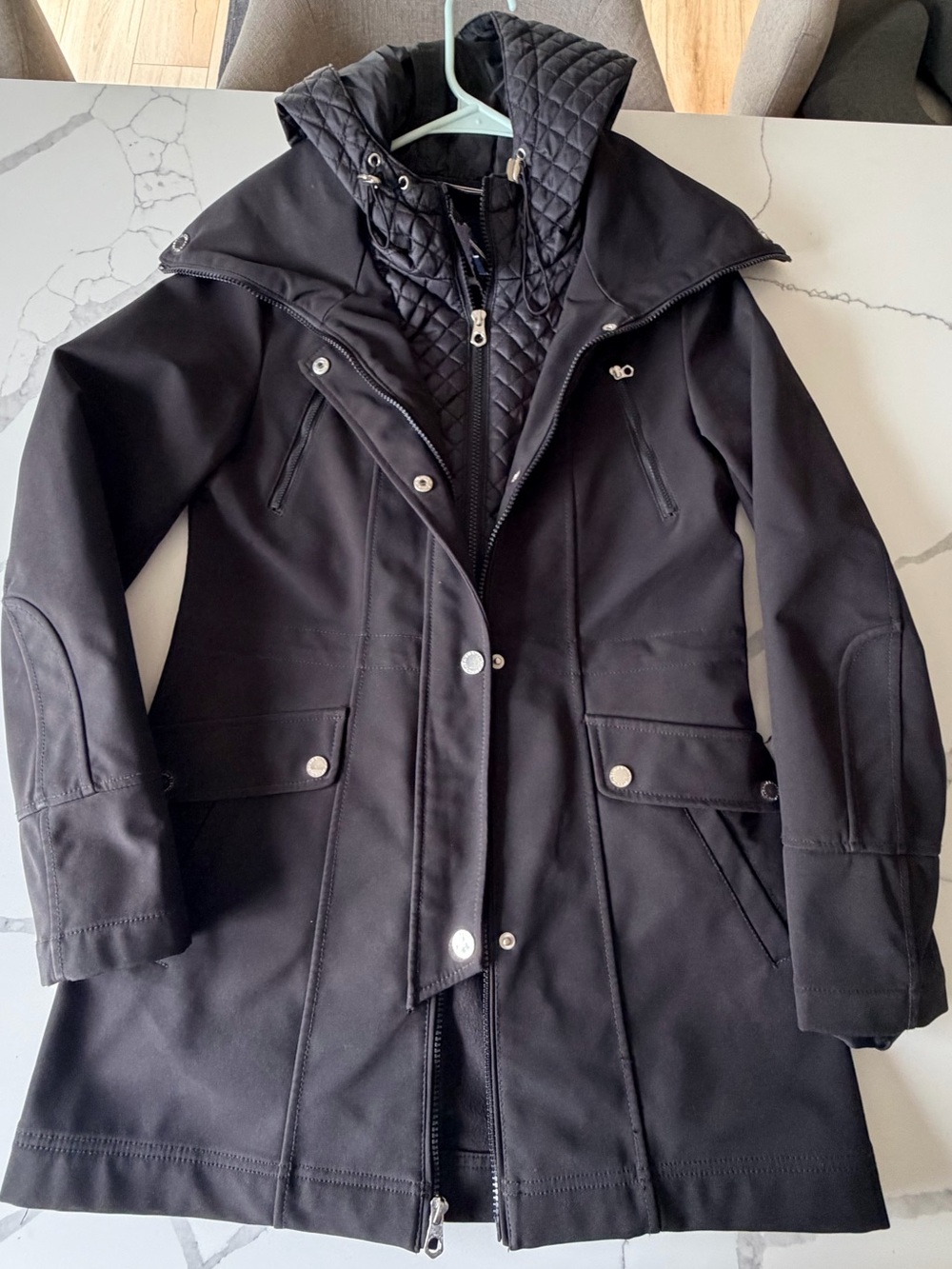Nautica Women’s Softshell Black Quilted-Inset Hooded Trench Coat